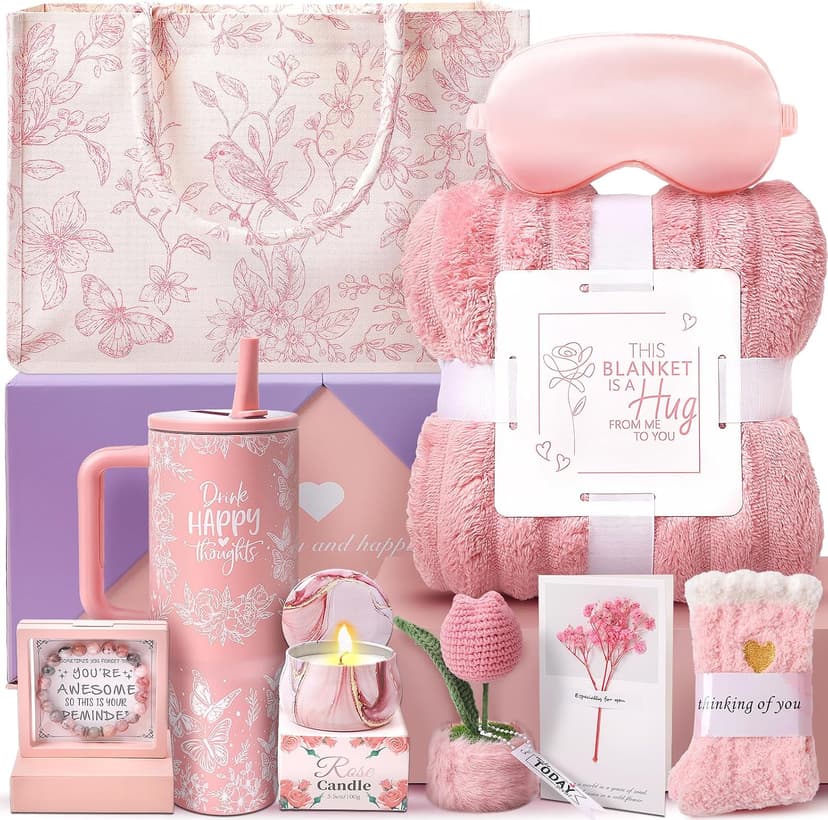 Birthday Gifts for Women, 10PCS Relaxing Self-Care Gift Basket with Flannel Blanket, 40 oz Tumbler, and Tote Bag – Get Well Soon Gift for Women Mom, Wife, Sister, Friends B0FL1TBNVM