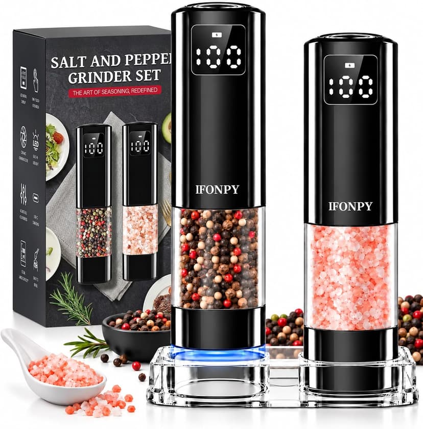 LED Display & Light, Ceramic Core, Adjustable Grind, 3.5 oz x2, Kitchen Gadget for Cooking, BBQ, Home Gifts for Women Men Electric Salt and Pepper Grinder Set,Automatic Pepper Mill Shakers,2 Pack B0FCF875FT