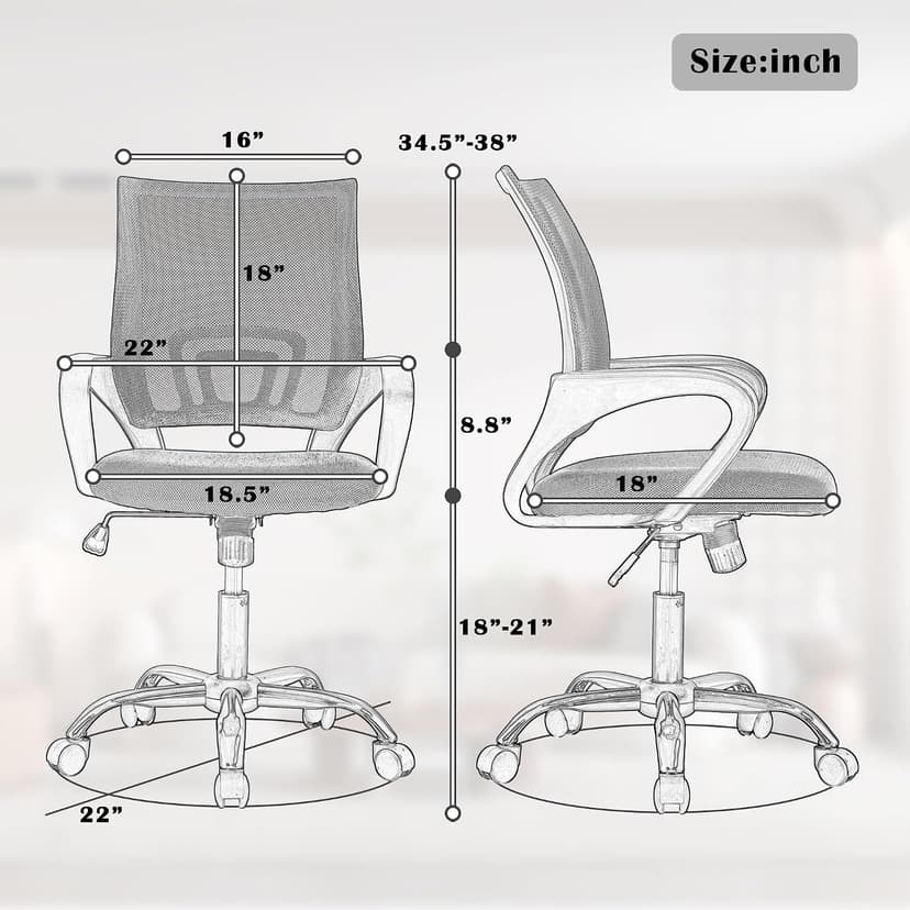 MKDLUFEI Office Chair, Ergonomic Cheap Desk Chair with Lumbar Support, Adjustable Mid Back Task Rolling Swivel for Home Office Student, Adults,Study, Grey