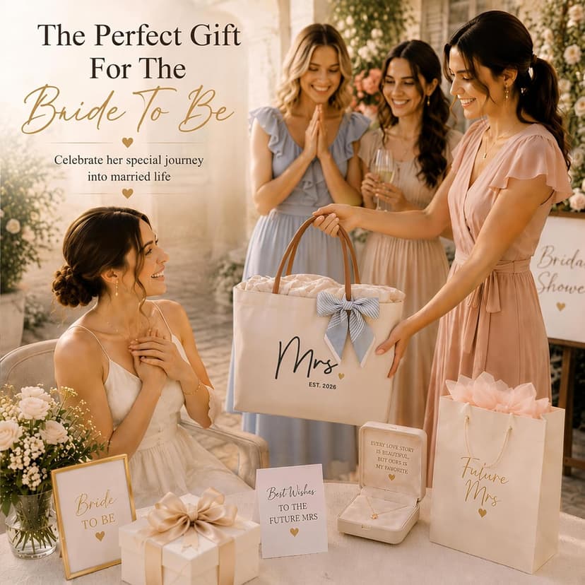 Engagement Gift for Bride, Wifey, Bachelorette Party Favors, Honeymoon, Wedding Essentials Bag with Leather Handle & Pocket Bridal Shower Gifts Bride Tote Bag for Bride to Be, Future Mrs B0GTV3F3QJ