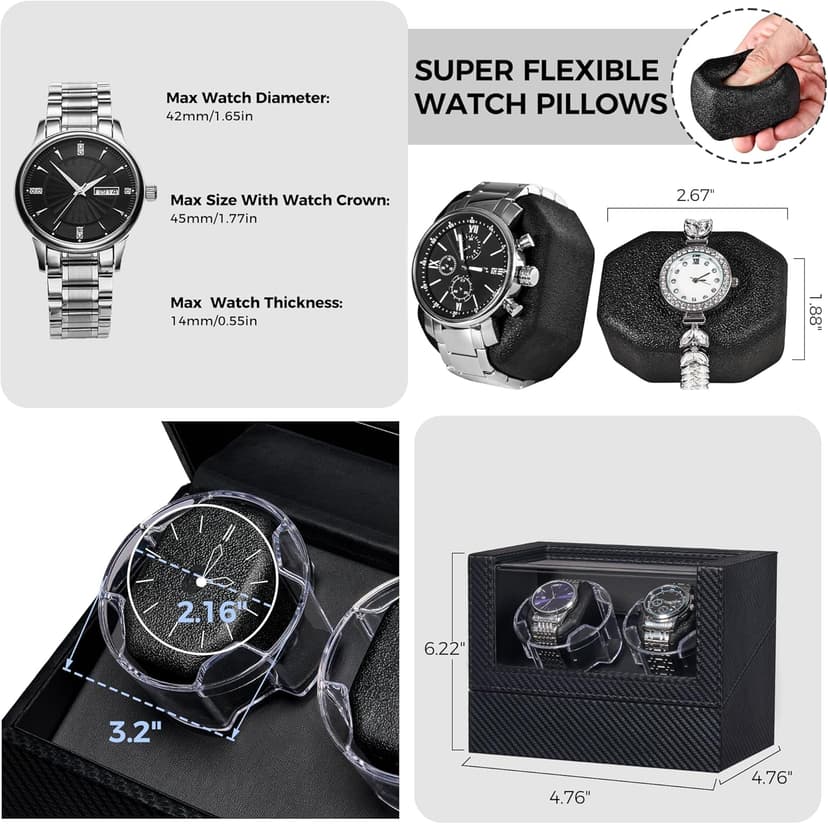 ANWBROAD ANWBROAD Watch Winder for Automatic Watches, Double Automatic Watch Winder Box with Quiet Japanese Motor, 4 Modes Dual Watch Winder wIth LED Light, Type-C Adapter, UJWW016C