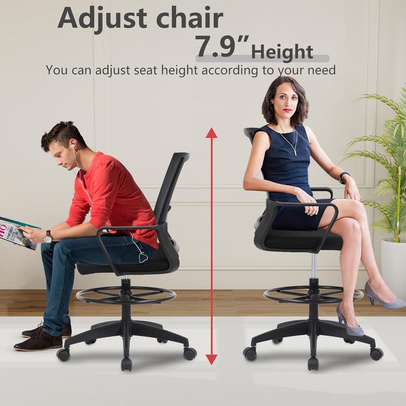 BestOffice Drafting Chair Tall Office Chair Adjustable Swivel Rolling Mesh Height with Lumbar Support Arms Footrest Mid Back for Adults Standing Desk Drafting Stool(Black)