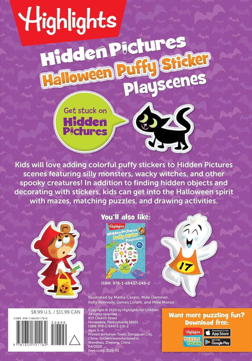 Halloween Hidden Pictures Puffy Sticker Playscenes: Halloween Activity Book for Kids 36 Featuring Over 175 Hidden Objects, 50 Reusable Puffy Stickers ... Games (Highlights Puffy Sticker Playscenes)