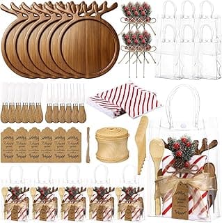 6 Set Christmas Kitchen Gifts Wood Cheese Board Fork Spoon Butter Spreaders Dish Cloth Thank You Card Ribbon and Gift Bags for Merry Christmas Cooking Serving Xmas Utensils Gifts (Reindeer)