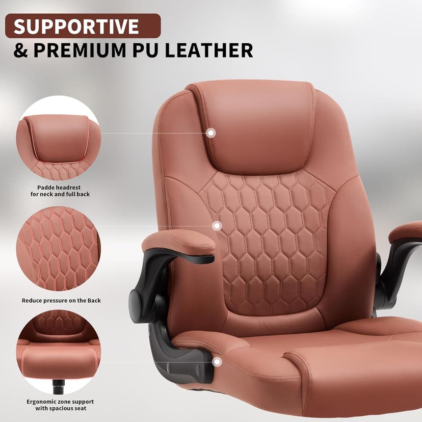 Executive Office Chair PU,Leather Office Chair with Wheels,360° Swivel Rolling Chair with Padded Arms,Ergonomic Computer Chair with Lumbar Support for Short People Use(Brown)