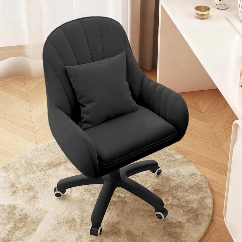 JPBSTO Upholstered Desk Chair with Pillow Swivel Rolling Accent Chair for Women Girls, Adjustable Height Vanity Chair with Wheels for Living Room, Home Office, Black