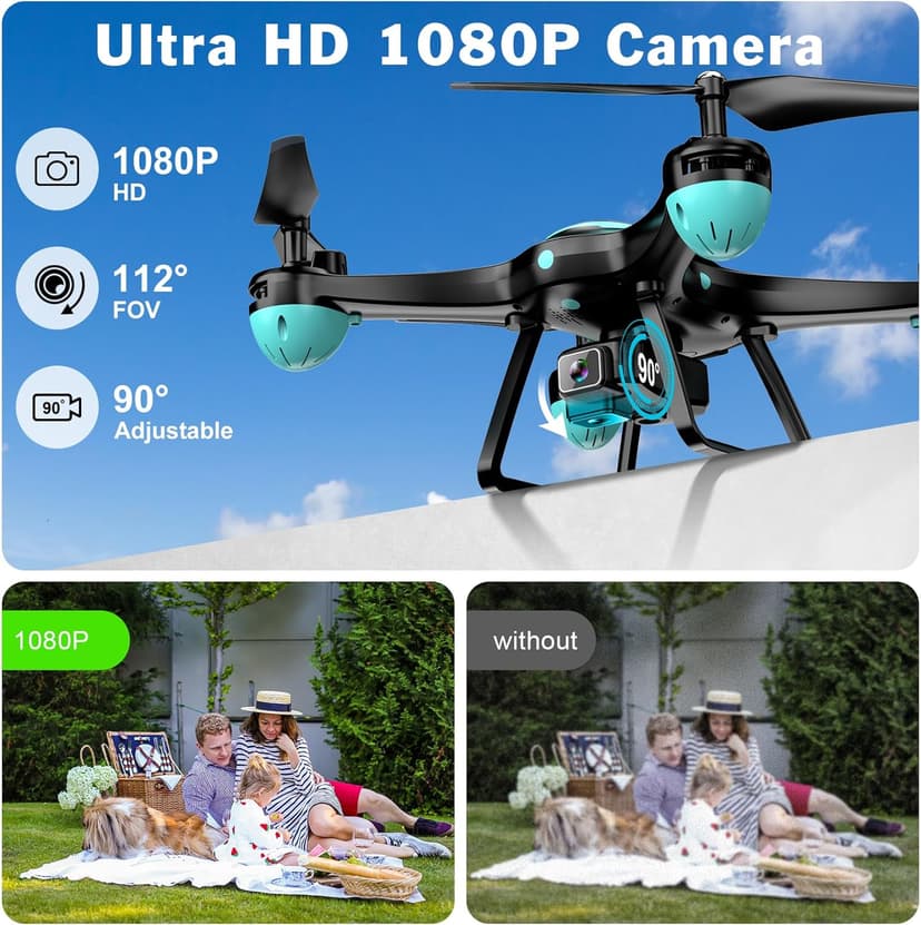 Drone with 1080P Camera, Remote Control Quadcopter with Gesture Selfie, Altitude Hold, One Key Start, 3D Flips, 2 Batteries, Black