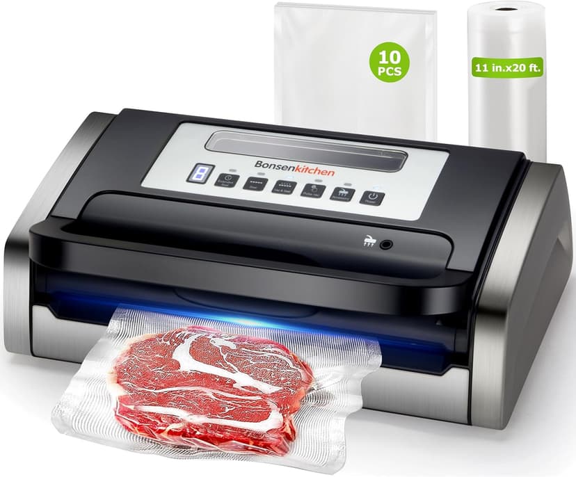 Bonsenkitchen Vacuum Sealer Machine, Globefish Technology for Perfect Vacuum Sealing, Powerful Low-Noise Food Vacuum Sealer with Easy Handle Design, Built-in Cutter & Bag Storage, 1 Bag Roll & 10 Bags