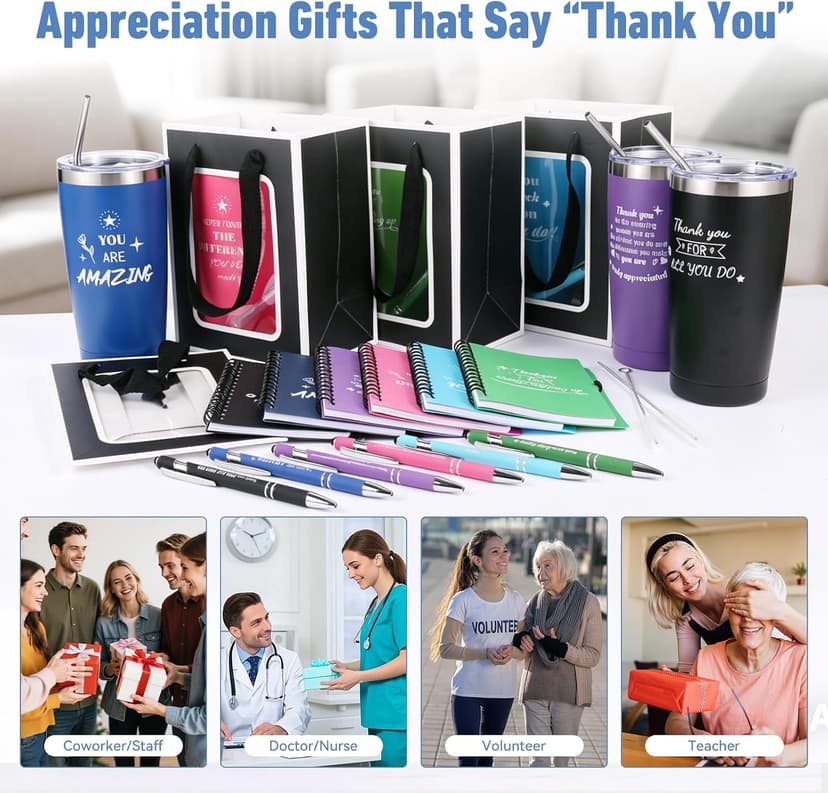 6 Set/36 Pcs Teacher Employee Appreciation Gifts Bulk - 20 Oz Insulated Tumblers, Steel Straw & Cleaner, Gift Bag, Inspirational Notebook, Motivational Pen - Thank You Gift for Coworker, Nurses B0GVYGNVQM