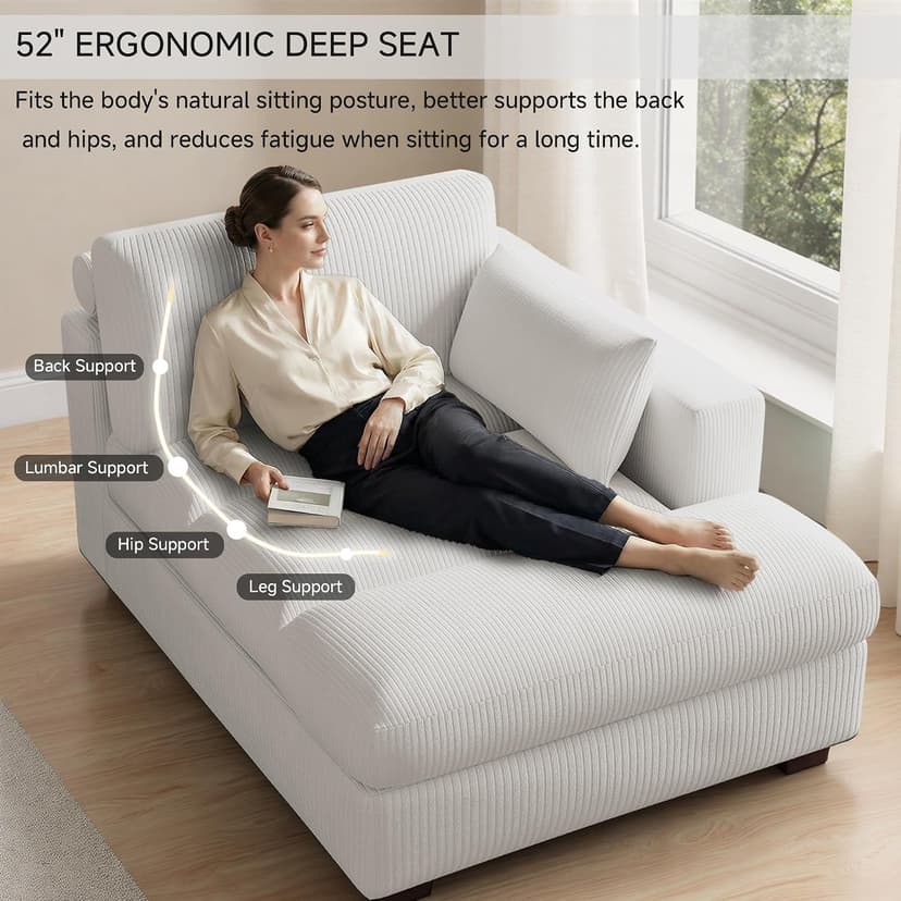 Oversized Chaise Lounge Chair Indoor with Left Armrest, Comfy Upholstered Sofa Bed Recliner Chair for Living Room, Corduroy Reading Seat Cloud Couch w/Solid Wood Frame - Sea Salt Grey
