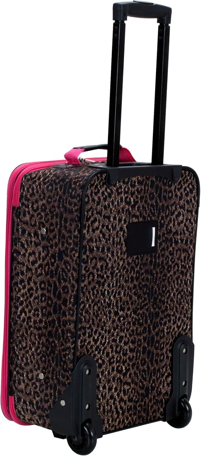 Rockland Fashion Softside Upright Luggage Set, Expandable,Lightweight,Telescopic Handle,Wheel, Pink Leopard, 2-Piece (14/19)