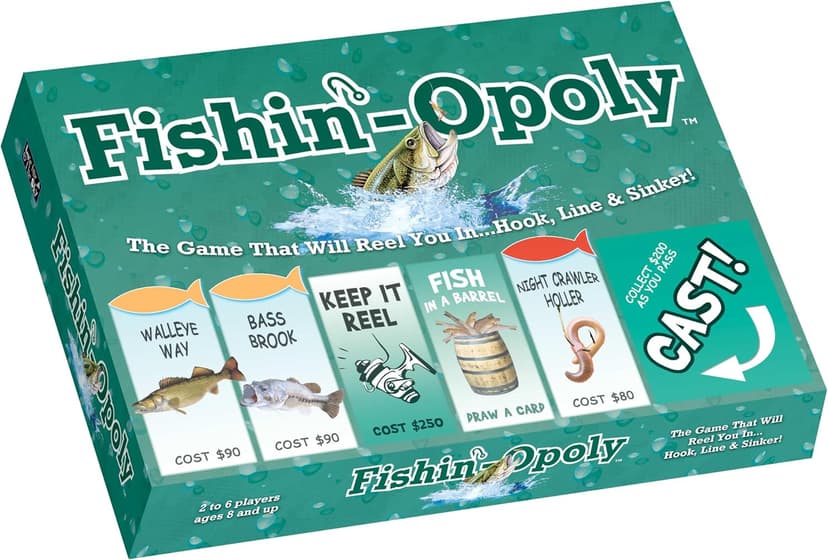 Funny property trading game for families and anglers Features quick or classic play modes and durable metal-style tokens Late for the Sky Fishin'-Opoly Board Game, 2-6 Players Strategy Fishing B000HI1QPI