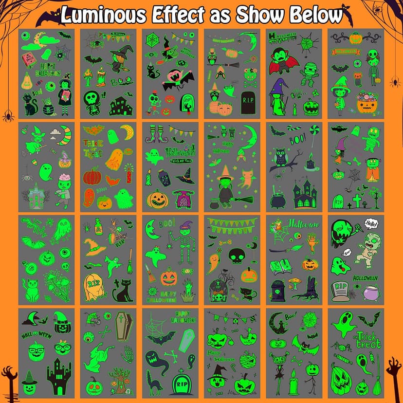 Partywind 250 Styles Glow Halloween Party Supplies, Luminous Halloween Temporary Tattoos for Kids Birthday Party Decorations Favors, Halloween Goodie Bag Fillers (24 Sheets)