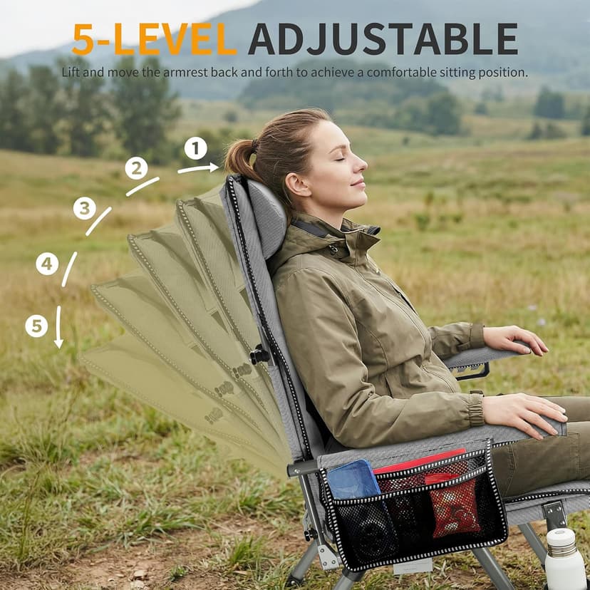 Folding Camping Chair with Cup Holder and Storage Bag, Heavy Duty Support 400 LBS, Oversized Collapsible Portable Adjustable Back Support Camping Chair for Outdoor Lawn Patio Balcony