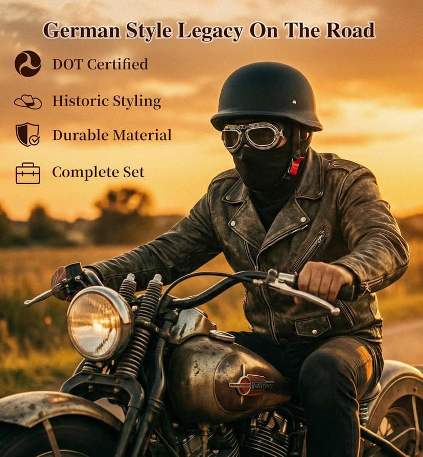 German Style Motorcycle Helmet DOT Approved with Goggles & Mask - Retro Half Helmet with Quick Release Buckle for Motorcycle Motorbike Cruiser, Scooter, Chopper (Adult Men & Women)