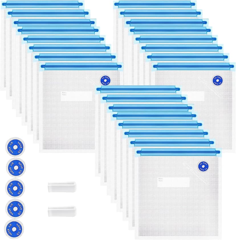 Reusable BPA Free Vacuum Sealer Bags (8.5 * 8.5in), 31 Pcs (24 Pcs Vacuum Zipper Bag & 2 Seal Clips & 5 Air Valves), Plastic, Clear, Double Zipper Seal, Microwaveable, Food Storage, Cooking