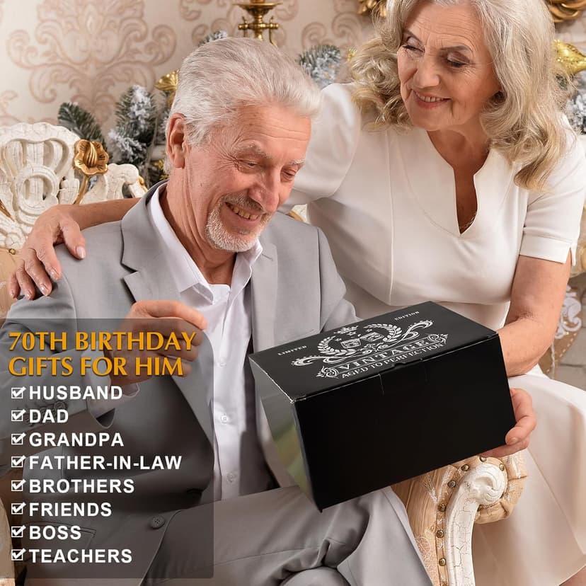 70th Birthday Gifts for Men Whiskey Glass Set, 70th Birthday Party Supplies with 11 Oz Whiskey Glass Coaster Stone Baseball Cap Apron Sock Funny Toilet Paper Keychain for Him, Dad, Husband, Friends