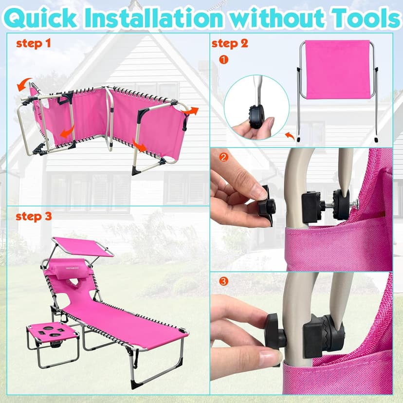 Outdoor Tanning Chair with Sun Canopy Shade & Face Hole, Folding Lounge Chair with Beach Table and Carry Bag for Poolside Sunbathing Lawn