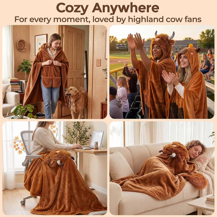 Full-Body Coverage, Hands-Free Design, Phone Pocket, For Home, Camping & Lounging, Birthday Gifts for Women & Animal Lovers Mewaii Highland Cow Gifts Wearable Blanket Hoodie Soft Highland Cow Blanket B0CGRGNP6W