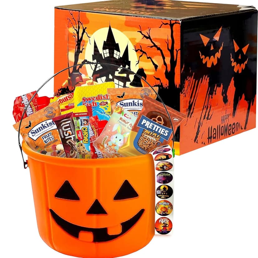 Halloween Assorted Pumpkin Bucket (44 Count) Filled with Candies, Snacks, Cookies and more, Treats for Family, Friends, Kids, Boys and Girls