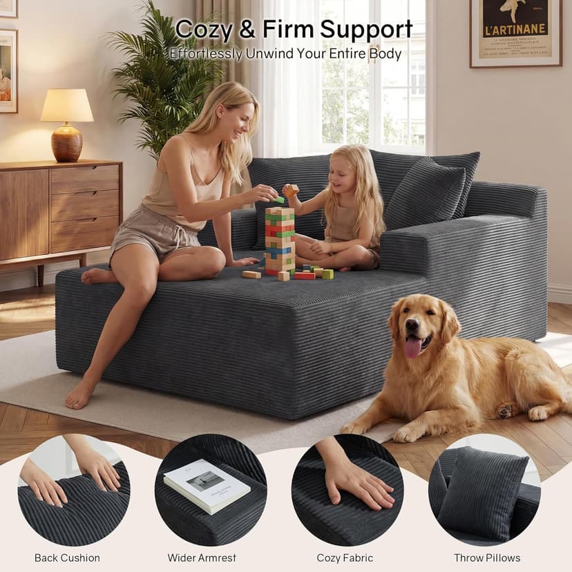 66" Chaise Lounge Chair Indoor, Oversized Boneless Lounge Chair with 3 Pillows, Corduroy Cloud Reading Chair for Living Room Bedroom, Deep Seat Sleeper Couch, No Assembly Required