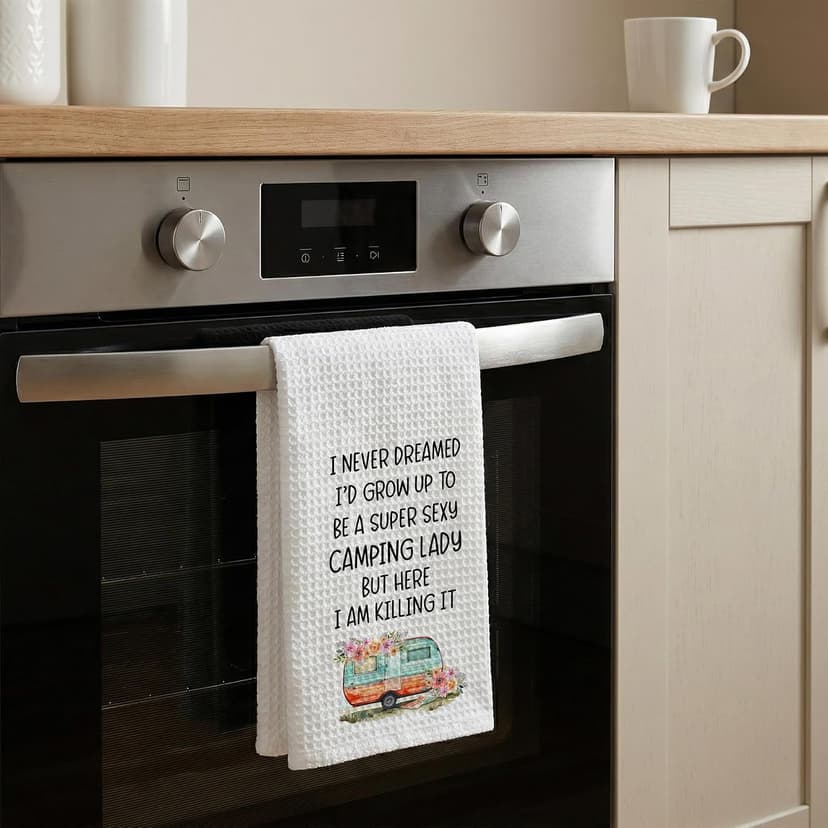 Camping Kitchen Towels 16x24 Waffle Weave, I Never Dreamed I’d Grow Up to Be a Super Sexy Camping Lady Dish Towels, Camp RV Gifts for Women, Gifts for Campers -A01 B0FFMWD7JP