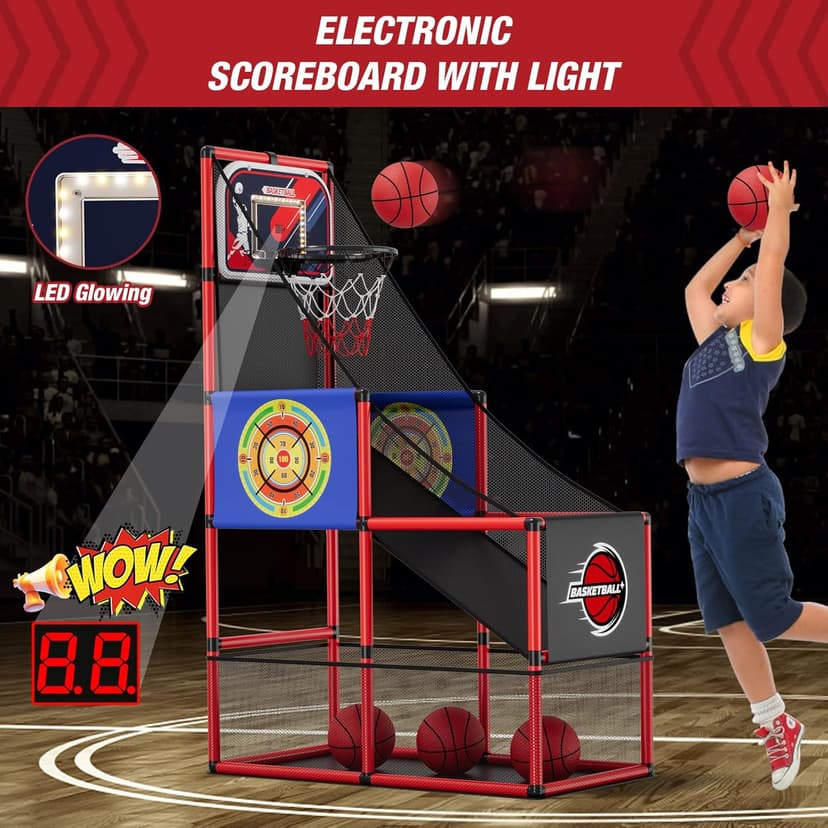 HYES Basketball Arcade Game Indoor Outdoor, Kids Basketball Hoop with 4 Balls & Pump, Single Shot Basketball Game at Home, Carnival Games Sport Toys for Boys Girls Teens