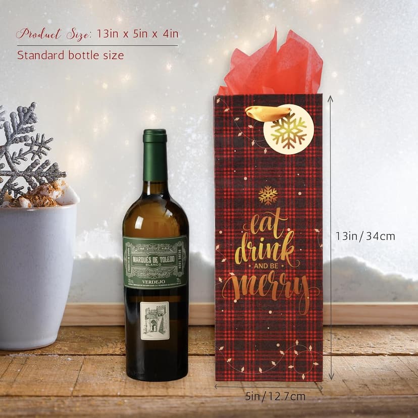 Nihuecne 16 Pack Christmas Wine Bags with Tags & Tissue Paper for Xmas Holiday Gift Wrap,8 Designs (5 x 13 x 4 In)