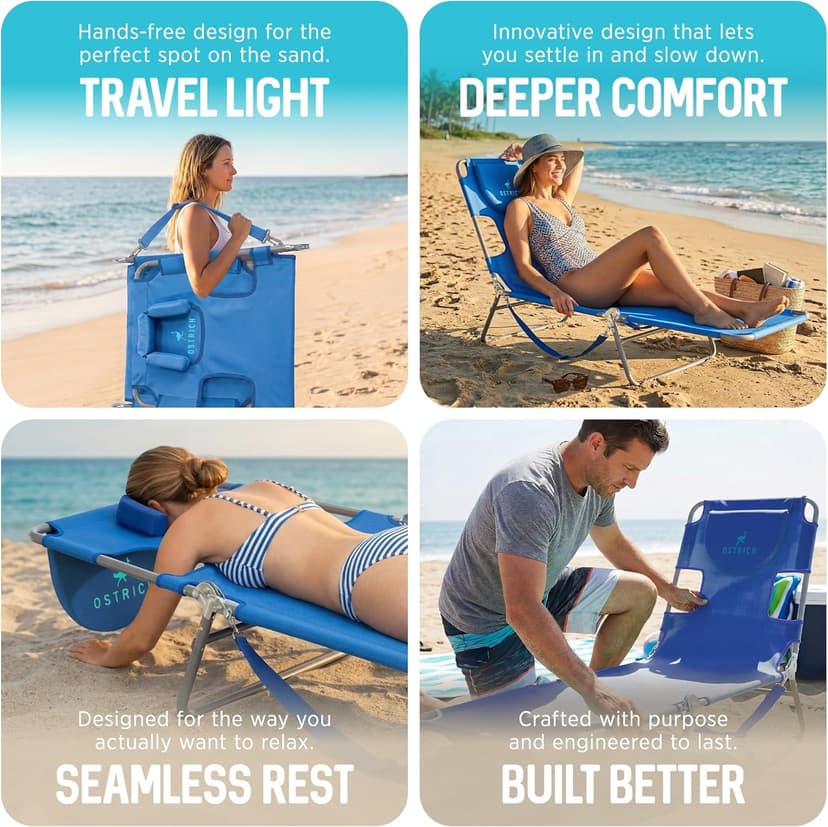 Ostrich the Original Chaise 72 x 22 Inch Lounge Portable Reclining Lounger, Outdoor Patio, Beach, Lawn, Camping, or Pool Tanning Chair, Ocean Blue