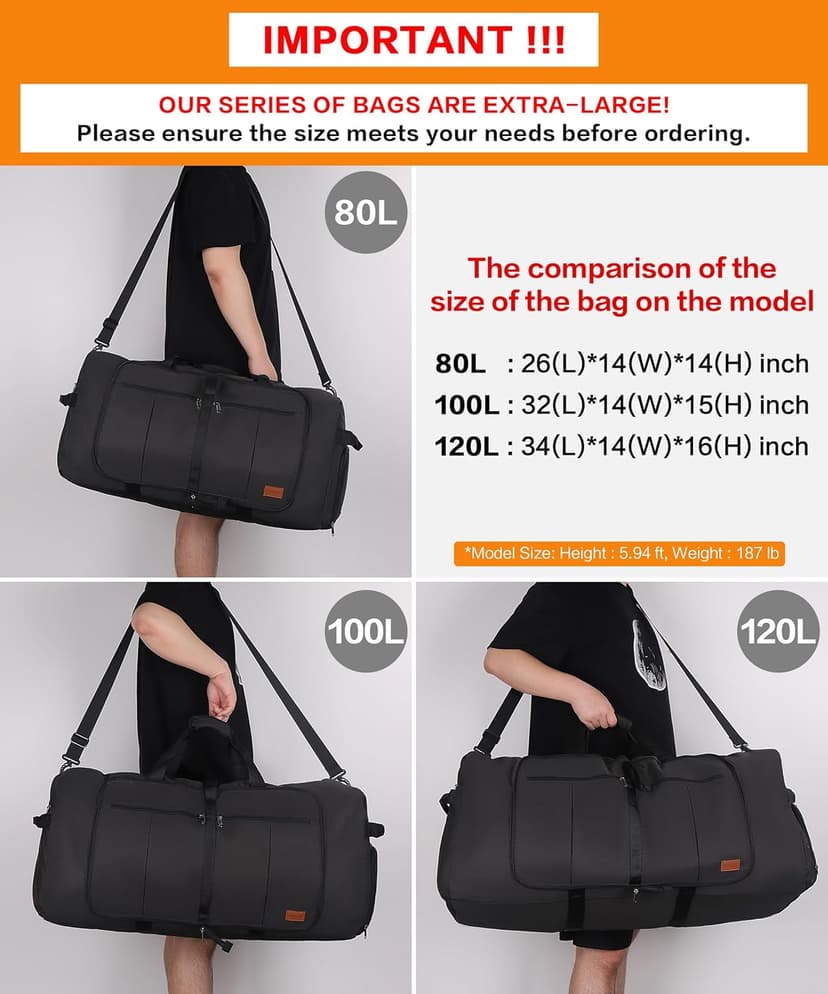 Urtala 80L EXTRA LARGE Duffle Bag for Travel, 26" Foldable Travel Duffel Bag with Shoe Compartment for Men Women, Waterproof & Tear Resistant (Black, EXTRA LARGE, 80L)