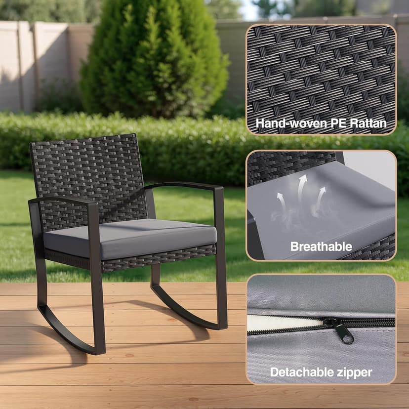 3 Pieces Outdoor Patio Furniture Set Rocking Bistro Set Outdoor Rattan Conversation with Coffee Table for Garden Balcony Backyard Poolside (Grey Cushion)