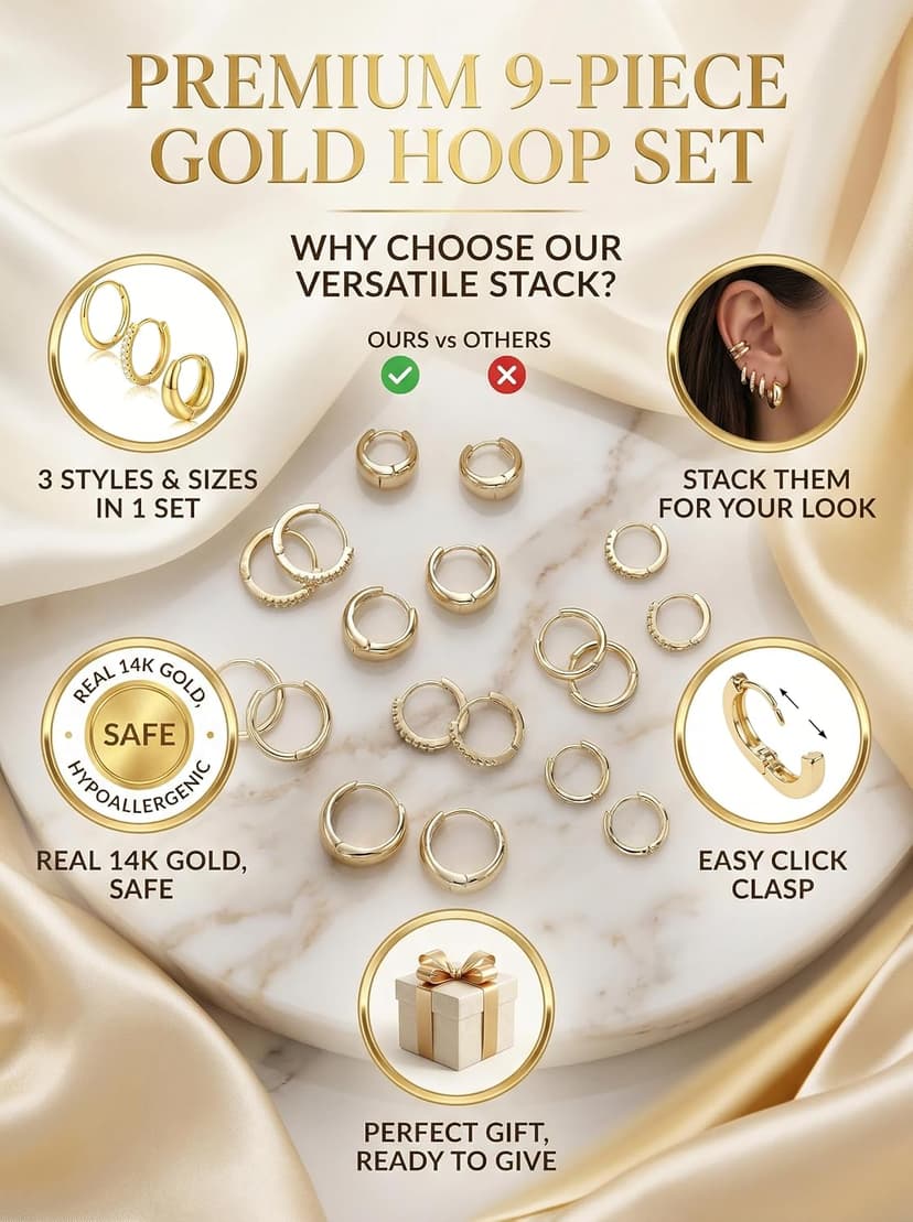 Hypoallergenic Small Hoop Earrings, Lightweight Comfortable Huggies, Non Tarnish, Multiple Piercing Set, Great Gift for Women 9 Pairs Gold Huggie Hoop Earrings for Women, 14K Gold Plated Stackable Set B0GKFRTLQ8