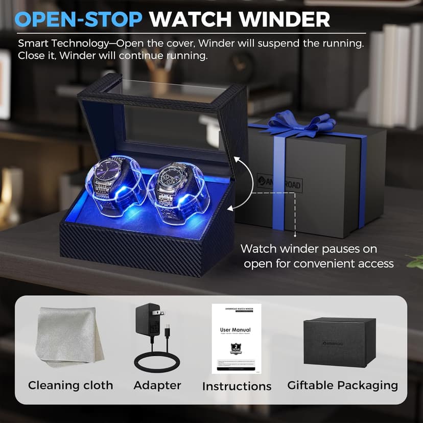 ANWBROAD ANWBROAD Watch Winder for Automatic Watches, Double Automatic Watch Winder Box with Quiet Japanese Motor, 4 Modes Dual Watch Winder wIth LED Light, Type-C Adapter, UJWW016C