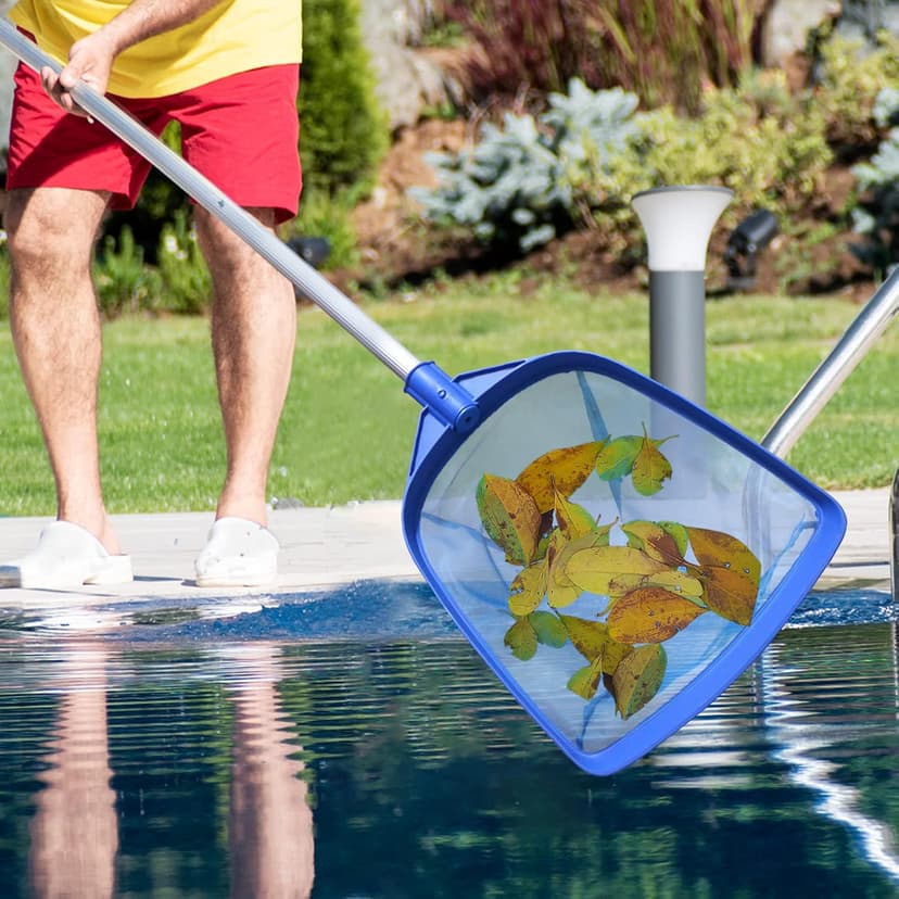 Poolvio Swimming Pool Leaf Skimmer Net, with 5 Sections Telescopic Aluminum Pole & Nylon Medium Fine Mesh Pool Net, Pool Cleaning Tool for Removing Leaves & Debris