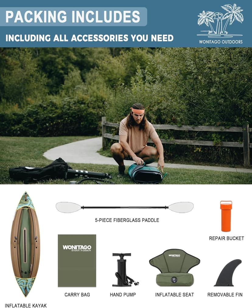 Inflatable Kayak, Portable Ripstop Oxford Cloth Recreational Touring Kayak with Fiberglass Kayak Paddle, Hand Pump and Carrying Bag, 1/2 Person