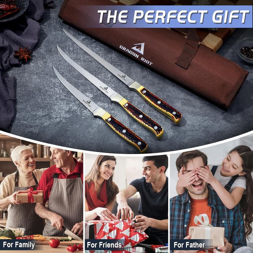 DRAGON RIOT Fillet Blade Set Professional Boning Knife for Filleting Japanese Stainless Steel Fish Knives Set with Ergonomic Handle Super Sharp Fish Filleting Knife for Meat Poultry Cutting