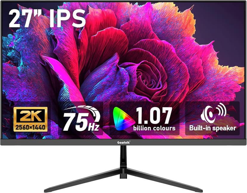 Gawfolk 27 inch IPS 2K QHD (2560×1440) Computer Monitor 75Hz Gaming PC Screen, 1ms,Adaptive Sync,100% sRGB, 1.07 Billion Colours,Built-in Speaker,Display 1.4、Port HDMI2.0, Black