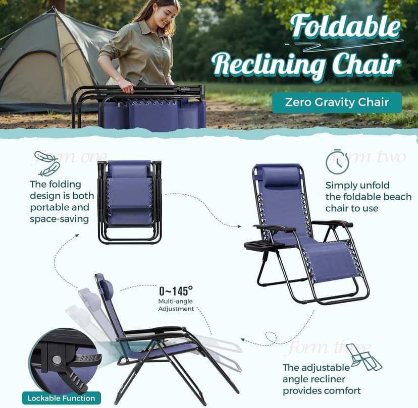 Homall Zero Gravity Chair Patio Folding Lawn Outdoor Lounge Gravity Camp Reclining Lounge Chair with Cup Holder Pillows for Poolside Backyard and Beach Set of 2 (Blue)