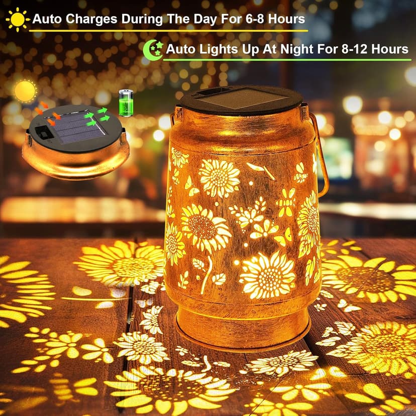 Sunflower Solar Lanterns Outdoor Waterproof, Christmas Gifts for Women Mom Grandma, Metal Hanging Lantern Solar Lights LED Decoration with Shepherd Hook Outside for Yard, Patio, Porch, Garden Decor