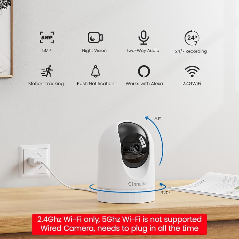Cinnado 2K Home Security Cameras-2.4Ghz WiFi Indoor Camera with 360° Motion Detection for Pets/Nanny/Baby/Dog, 2 Way Audio, 24/7 SD Card Storage, Cloud Storage, Works with Alexa & Google Home, D1 4P