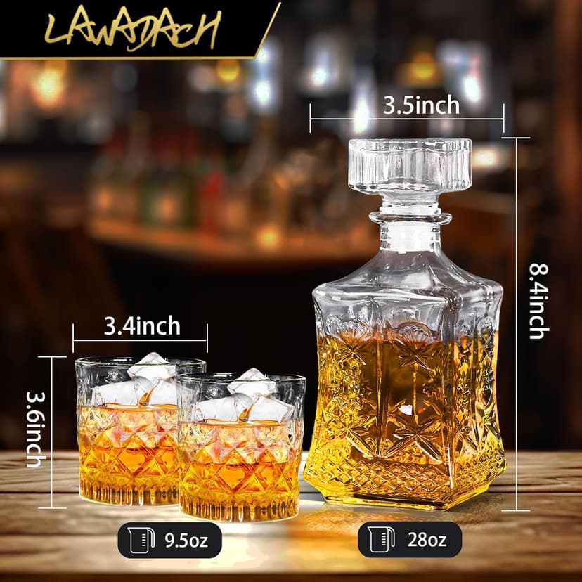 Whiskey Decanter for Men, Glass Liquor Decanter Set with 2 Whiskey Glasses, Decanter for Tequila,Bourbon, Scotch, Brandy and Vodka, Gift for Men, Ideal Home Bar Decor - 28oz