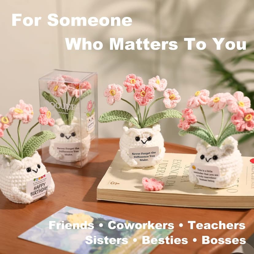 Christmas, Thank You & Encouragement Gifts for Women, Boss, Her, Friend, Sister & Bestie, Stocking Stuffers, 4.7 x 2.4 in Crochet Forget Me Not Flower Pot, Inspirational & Unique Gifts for Women B0GM8H2G47