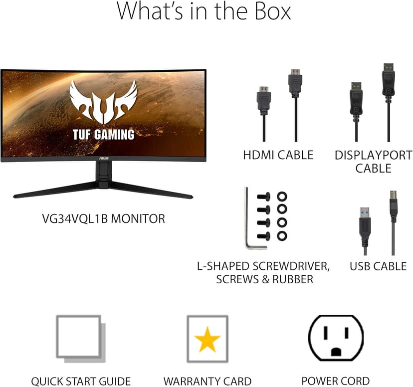 ASUS VG34VQL1B TUF 34 Inch Curved Gaming Monitor - WQHD (3440x1440), 165Hz, 1ms, Extreme Low Motion Blur, FreeSync Premium, Eye Care, Height Adjustable, DisplayHDR 400, DisplayPort, HDMI, USB