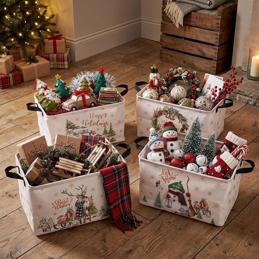 4 Pcs Christmas Storage Basket for Gifts Empty Large Christmas Storage Bins 15 x 10 x 8 Fabric Laundry Baskets with Handle Xmas Collapsible Organizer Boxes for Home Office Gifts Toys Books B0H4M5V4NG