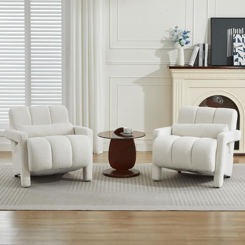 LOULENS Lambswool Accent Chair, Modern Upholstered Sherpa Accent Chair, Comfy Teddy Single Armchair with Pillow for Living Room, Bedroom (Beige, Backrest Under The Cushion)