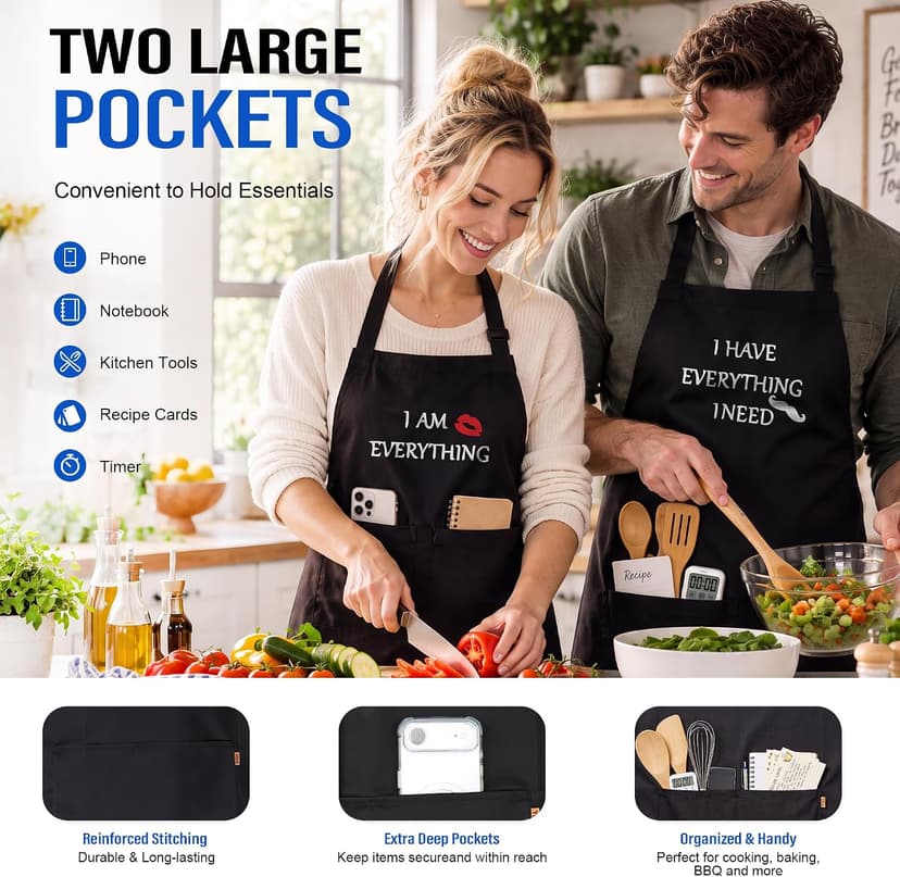 YIKA® Apron Couples, Christmas Gifts for Couples: Waterproof Aprons for Women Men, with Adjustable Neck Strap with Extra Long Ties, 2 Pockets (Black)