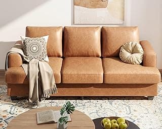 KKL 89 Inches Loveseat Sofa, Comfy Cloud Couch with Deep Seats, 3 Seater Couches for Living Room, Leather Fabric, Wood Frame, Easy Assembly, Brown
