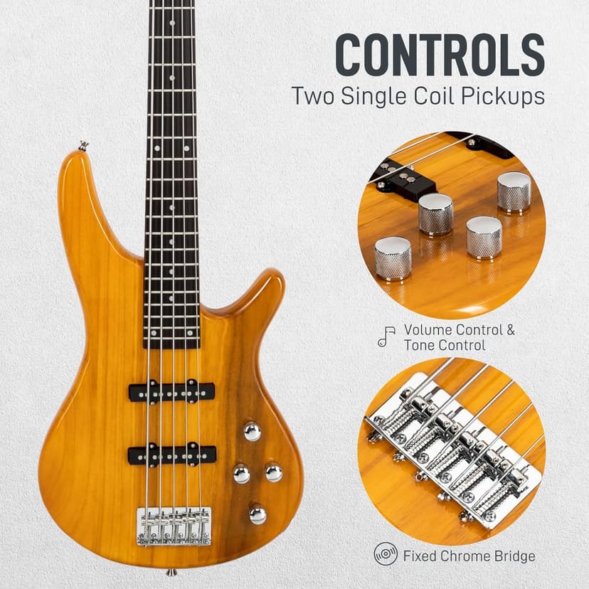 Ktaxon 5 String Electric Bass Guitar, Full Size Standard Right Handed Rosewood Fretboard Bass Kit with Gig Bag Strap Cable Wrench Tool (Yellow)