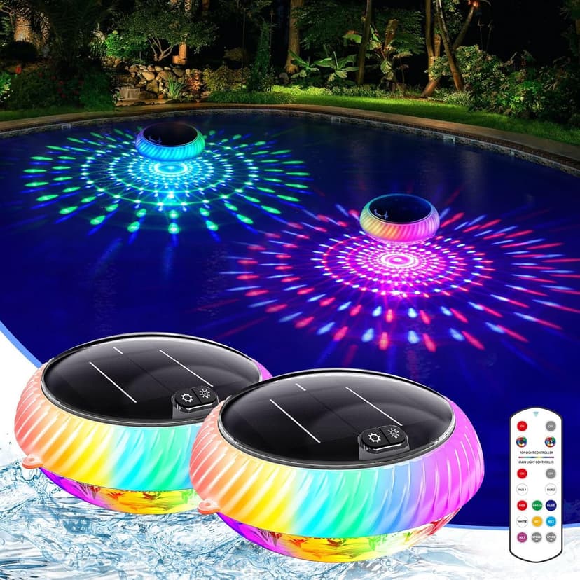 Askyli Floating Pool Lights Solar with Remote, 7.6 Inch RGB Up and Down Color Changing Solar Pool Lights That Float with Dynamic Lighting Effects, Floating Light for Pools, Party, Decor(2)