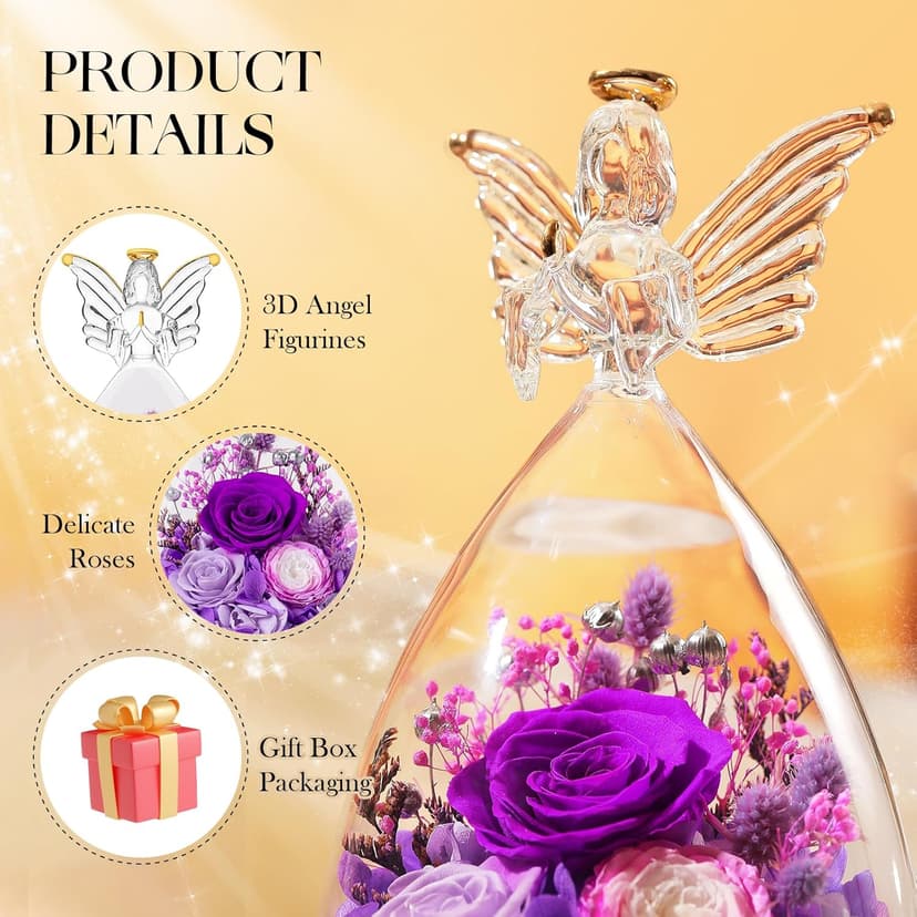RoseValley Angel Roses Gifts for Mom,Preserved Real Flowers Roses in Glass Angel Figurines,Christmas Birthday Gifts for Grandma Women Mom Wife Mother in Law/Purple